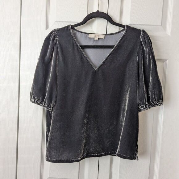 LOFT Velvet Puff Sleeve Top | Women’s Medium Petite Gray - Picture 2 of 5